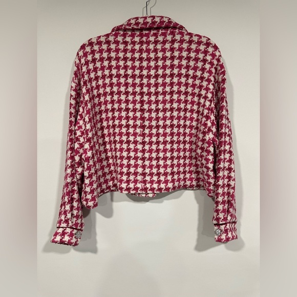 Zara Tweed Jacket Women XL Pink White Houndstooth Rhinestone Button Cropped Chic - Picture 2 of 5
